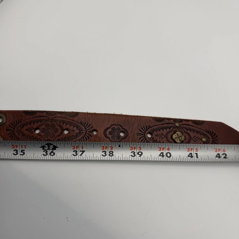 Fossil Brown Tooled Leather Western Belt Floral Studded 42in